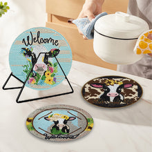 Load image into Gallery viewer, 4 Pcs Milk Cow Wooden Diamond Painted Placemats Tea Art Bouquet Kitchen Dish Mat