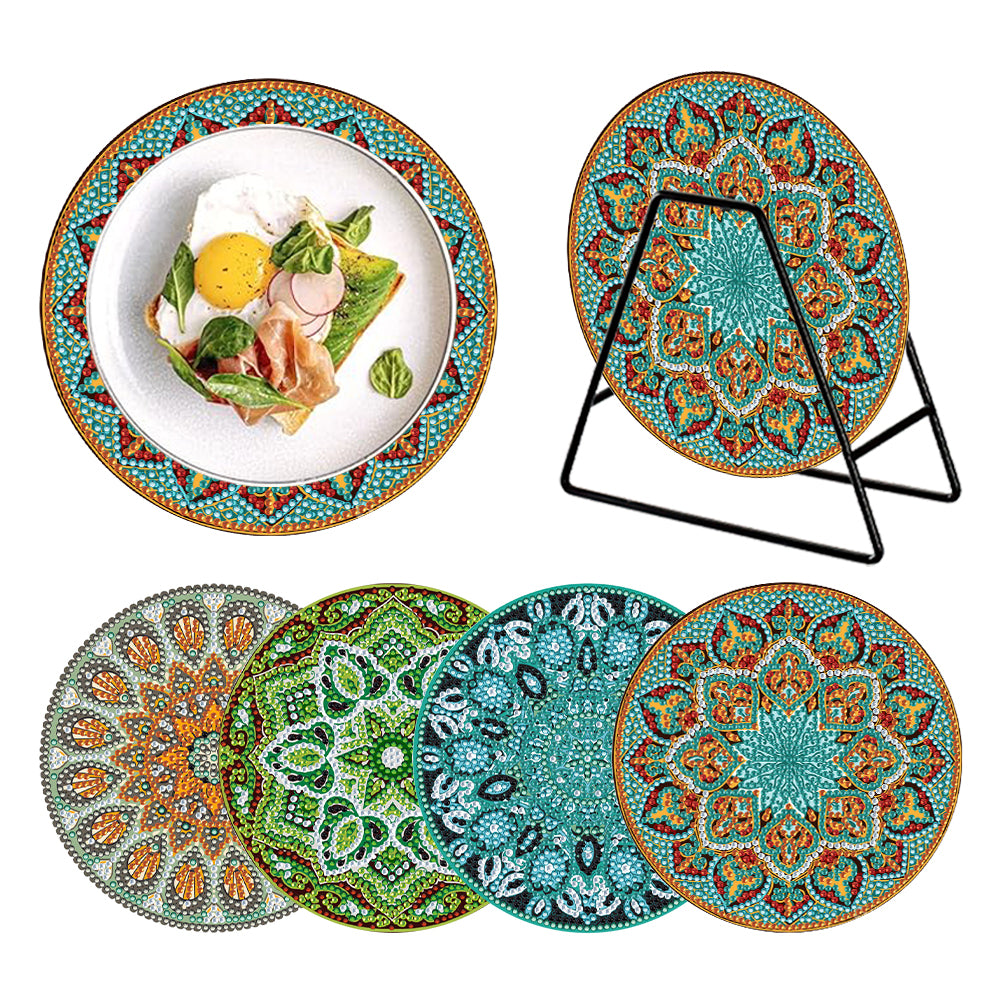 4 Pcs Milk Cow Wooden Diamond Painted Placemats Tea Art Bouquet Kitchen Dish Mat