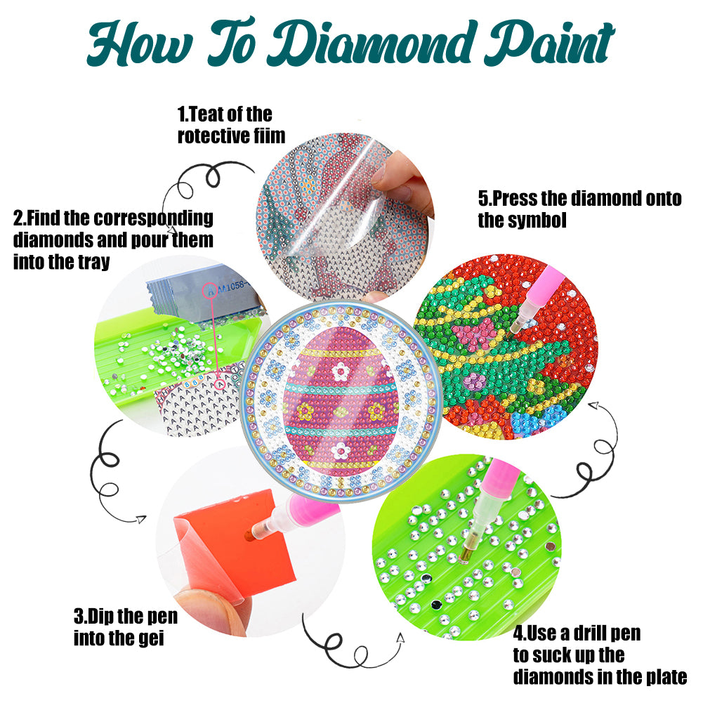 6 Pcs Easter Egg Washable Special Shape Diamond Painting Coaster Kit with Holder Waterproof Coaster