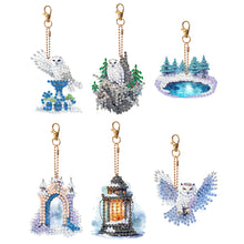 Load image into Gallery viewer, 6 Pcs Winter Snow Owl Double Sided Diamond Painting Keychain Diamond Art Keyring