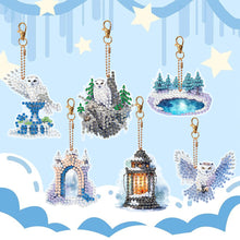 Load image into Gallery viewer, 6 Pcs Winter Snow Owl Double Sided Diamond Painting Keychain Diamond Art Keyring