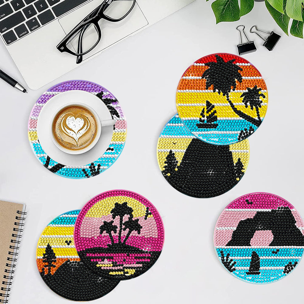 6/8 Pcs Acrylic Summer Beach Diamond Painting Coasters with Holder Cork Pads