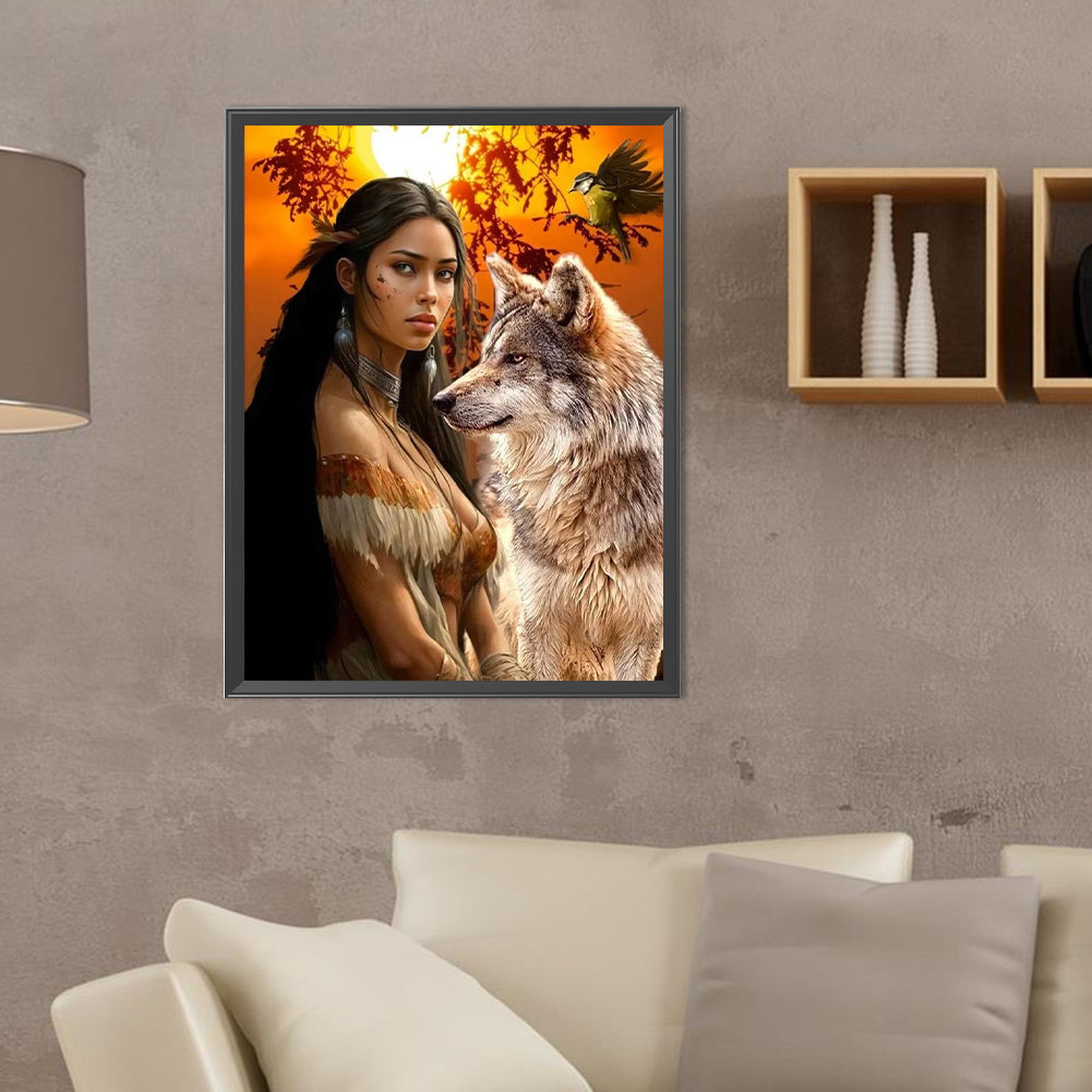 Diamond Painting - Full Round - indian wolf girl (30*40CM)