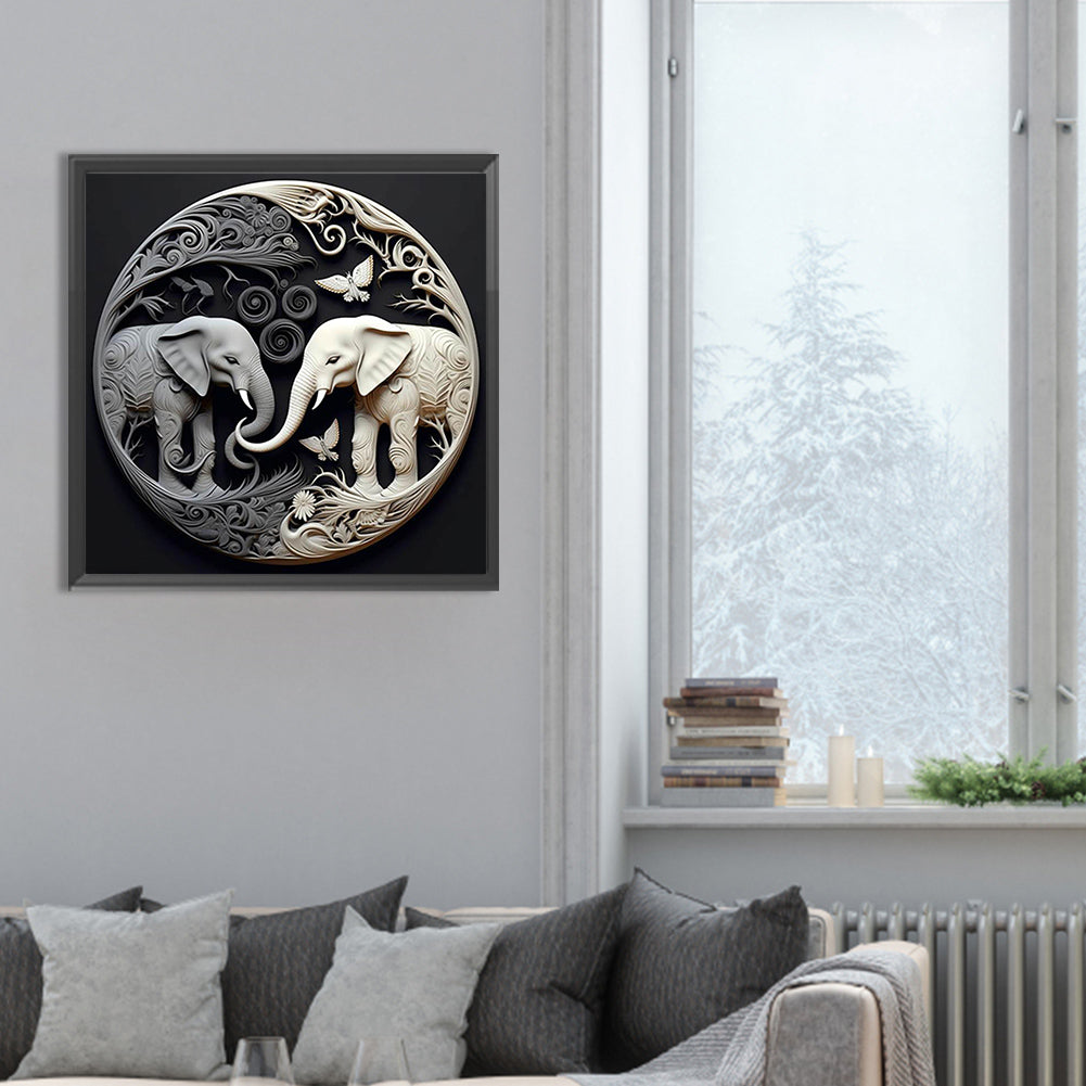 Diamond Painting - Full Round - Black and white elephant relief illustration (30*30CM)