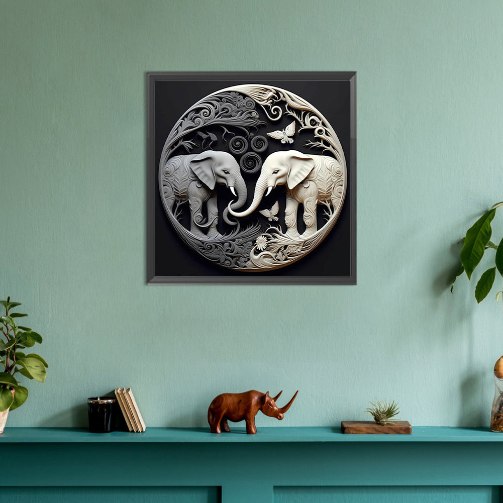 Diamond Painting - Full Round - Black and white elephant relief illustration (30*30CM)
