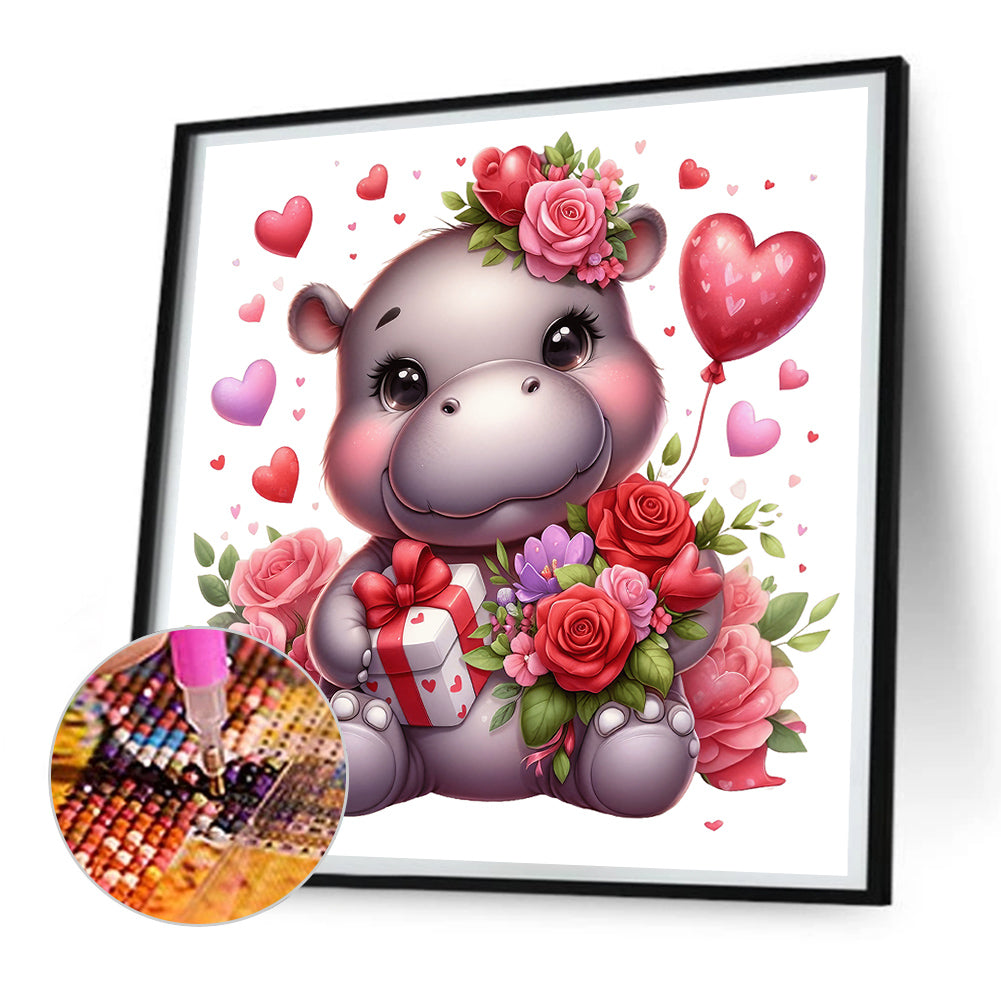 Diamond Painting - Full Round - love rose hippopotamus (30*30CM)