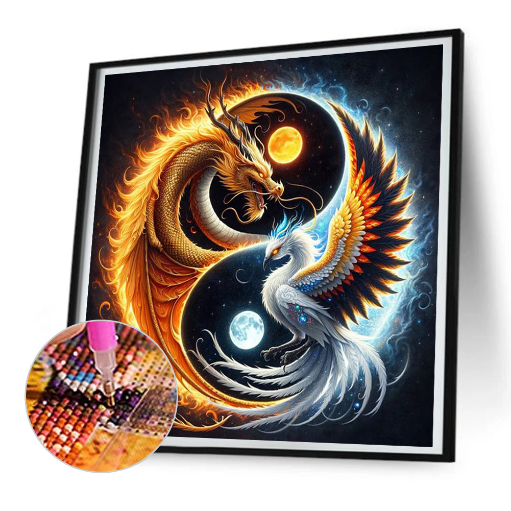 Diamond Painting - Full Round - Fire dragon ice phoenix yin and yang diagram (30*30CM)