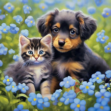 Load image into Gallery viewer, Diamond Painting - Full Round - Cat and dog in flowers (30*30CM)