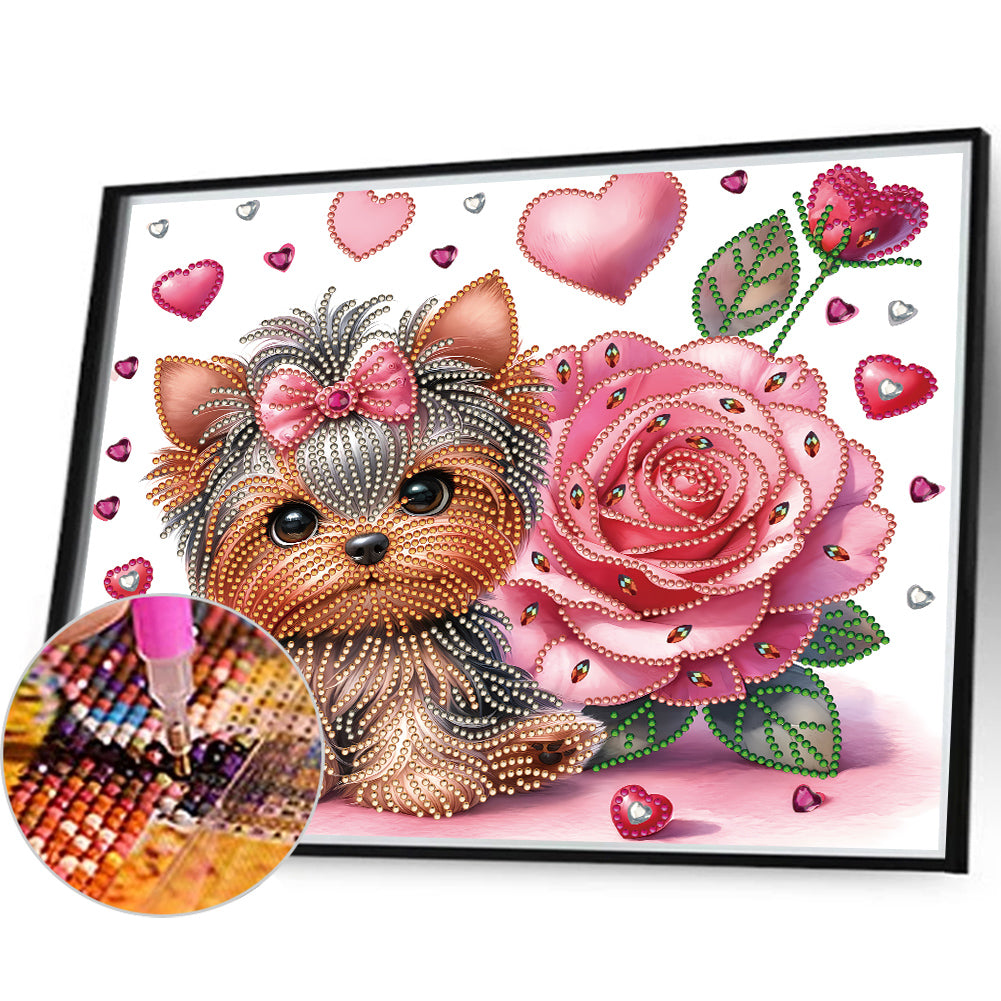 Diamond Painting - Partial Special Shaped - flower yorkshire terrier (35*30CM)