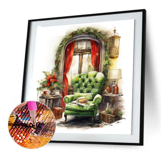 Diamond Painting - Full Round - Red curtain green sofa (30*30CM)