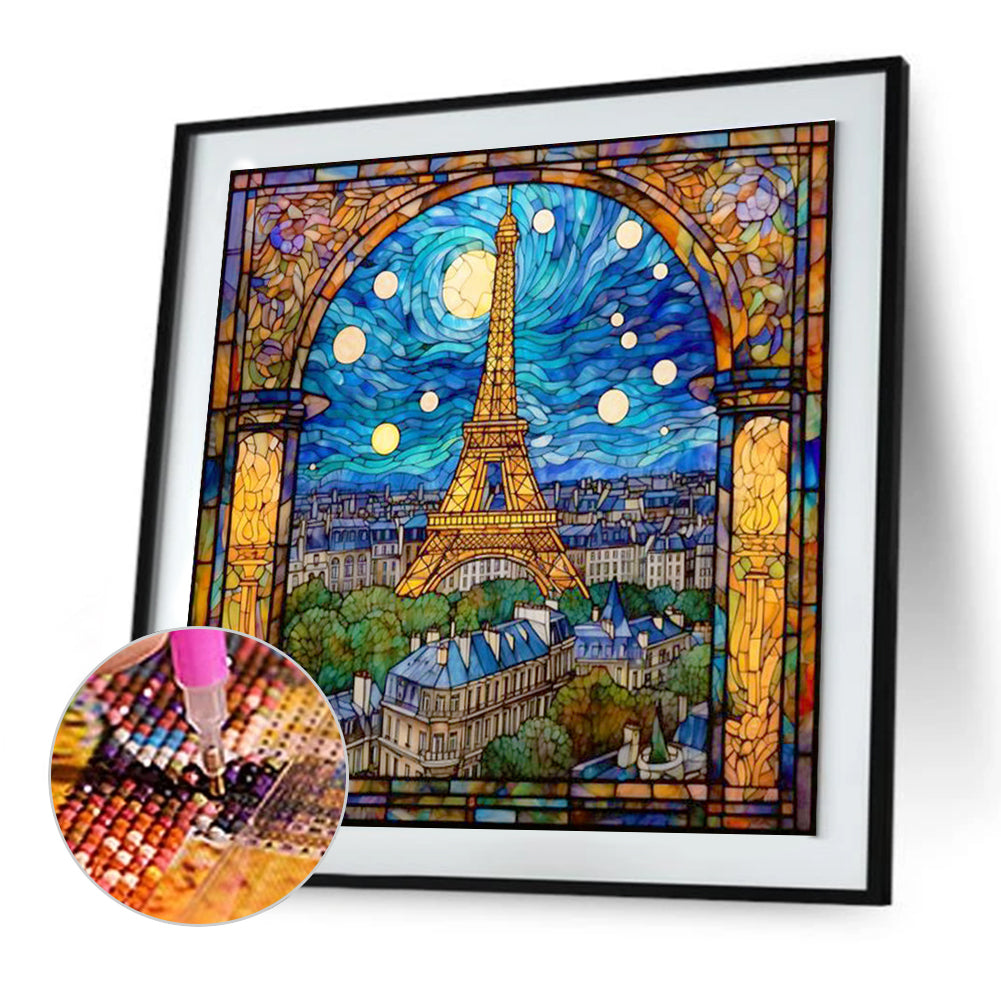 Diamond Painting - Full Round - Paris Eiffel Tower glass art at night (30*30CM)