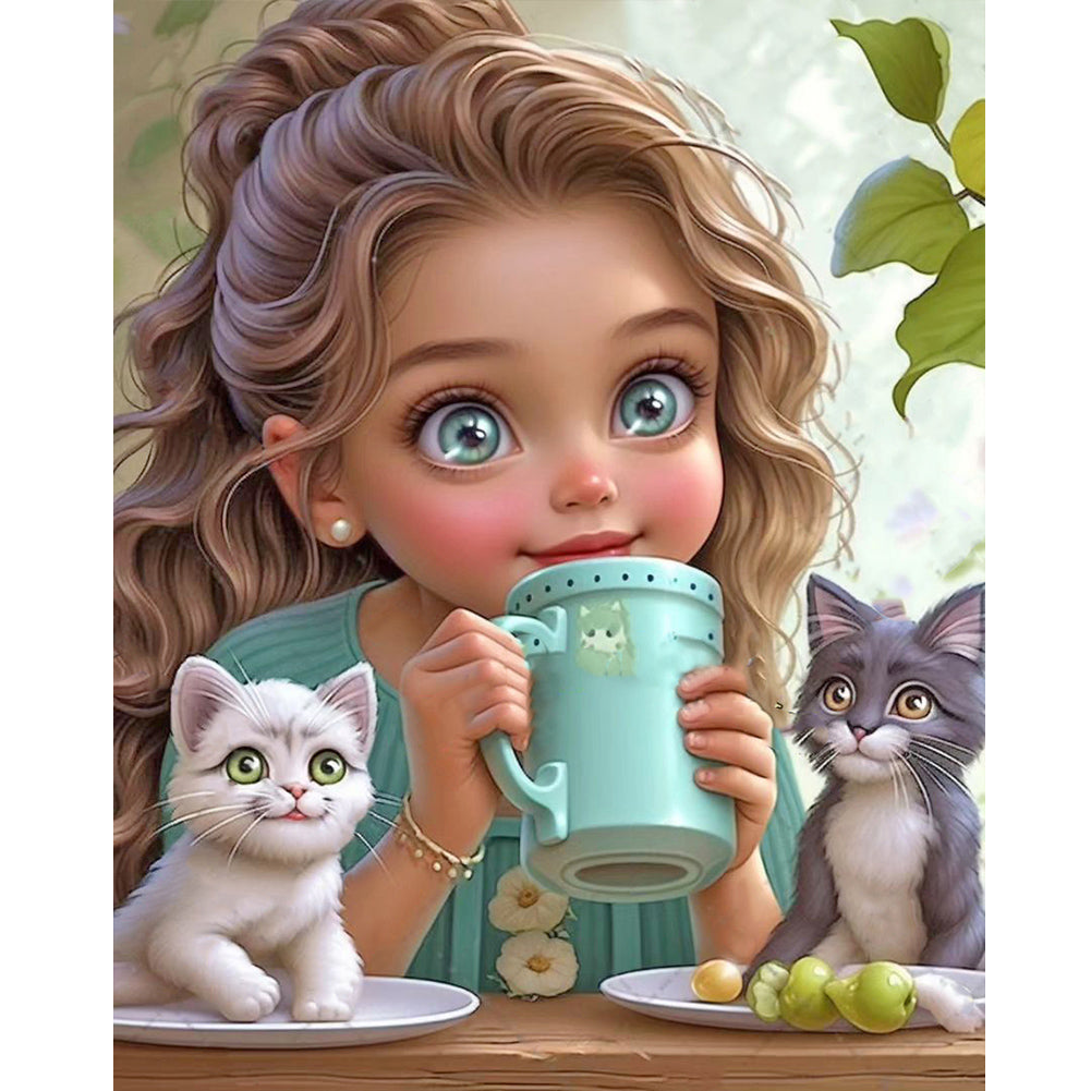 Diamond Painting - Full Round - Girl with two cats (40*50CM)