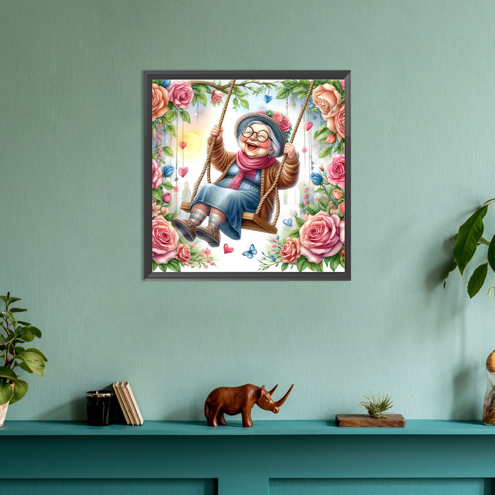 Diamond Painting - Full Round - Happy old lady on swing (30*30CM)