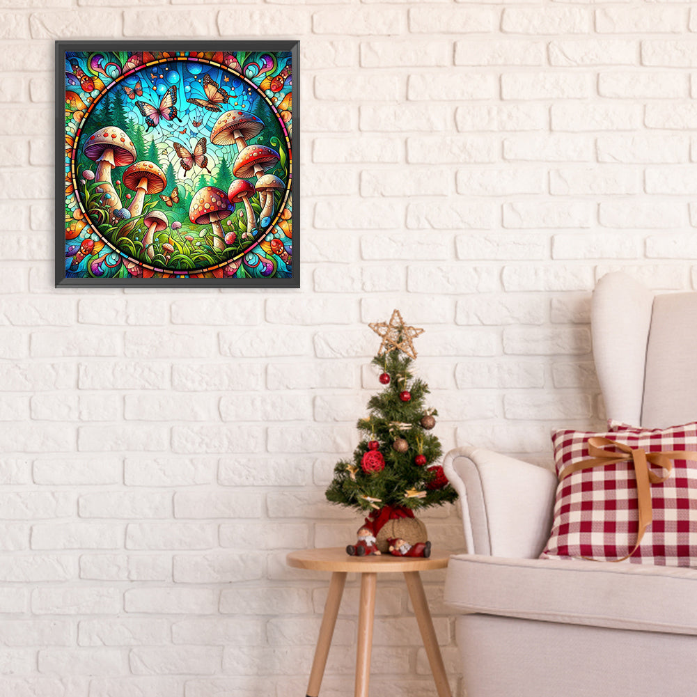 Diamond Painting - Full Round - glass art butterfly mushroom (30*30CM)