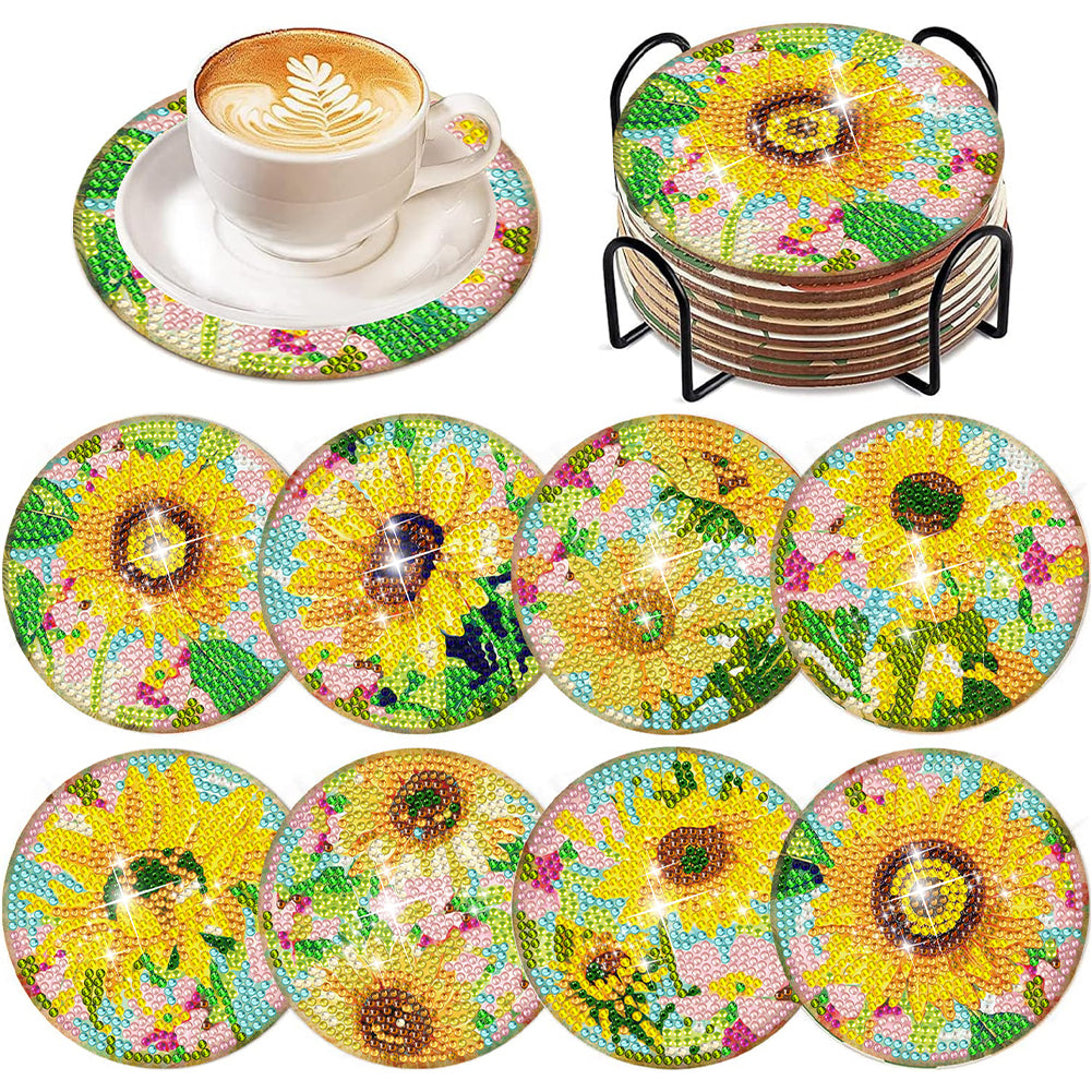 8Pcs DIY Diamond Art Painting Coasters Craft Kit with Holder (Gorgeous Flower)