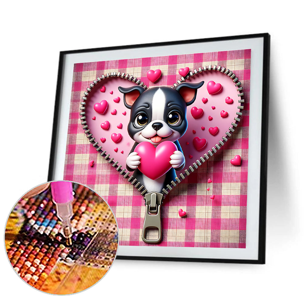 Diamond Painting - Full Round - Pink Love Puppy-Valentine Day Boston Terrier (30*30CM)