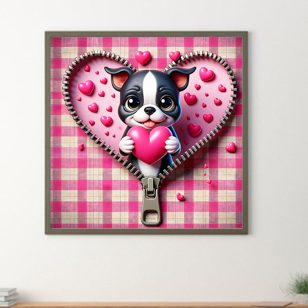 Diamond Painting - Full Round - Pink Love Puppy-Valentine Day Boston Terrier (30*30CM)
