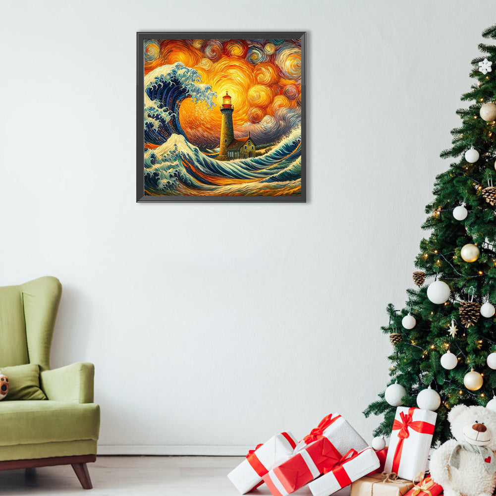 Diamond Painting - Full Round - Colored lead painting of lighthouse on the sea (40*40CM)