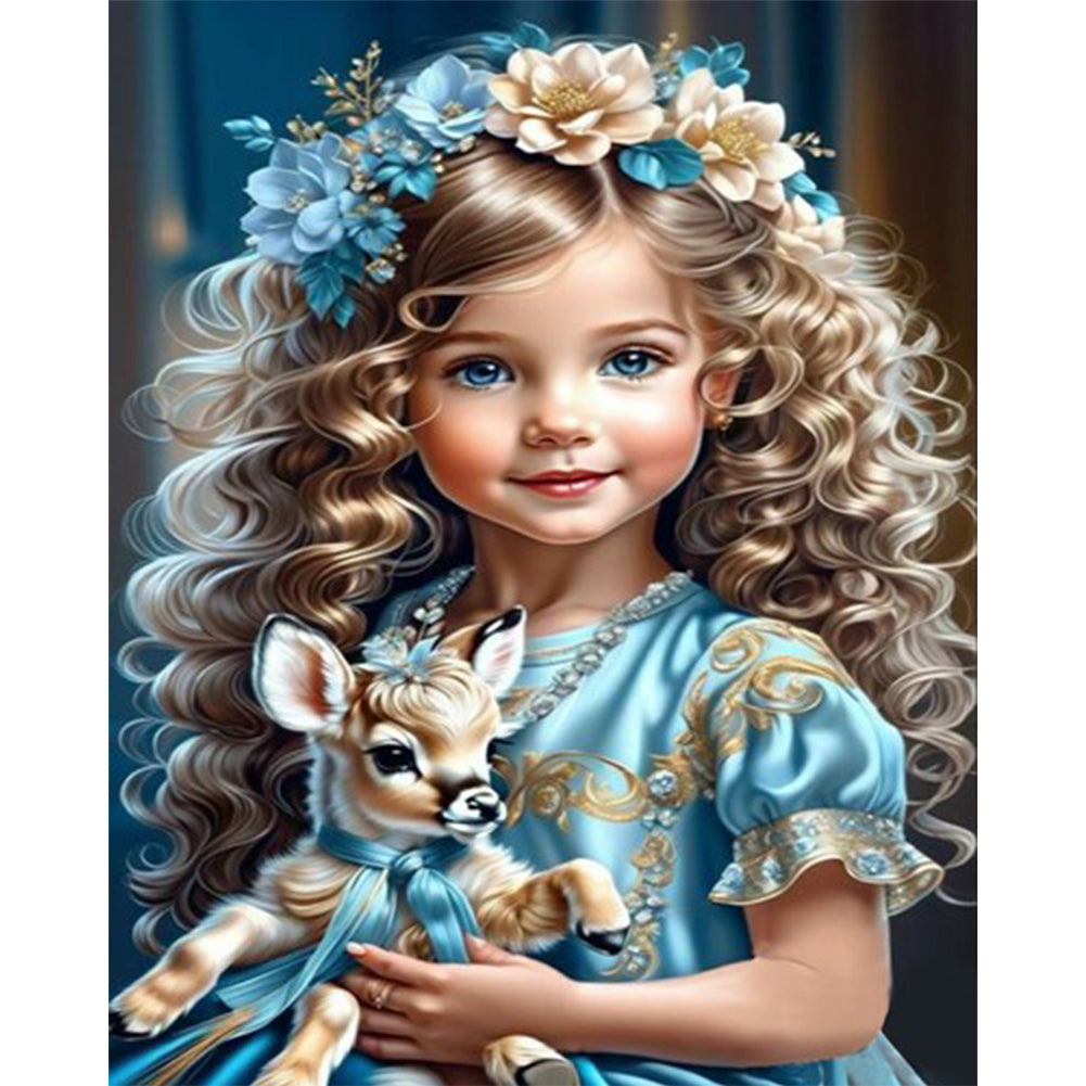 Diamond Painting - Full Square - little girl holding a deer (40*50CM)