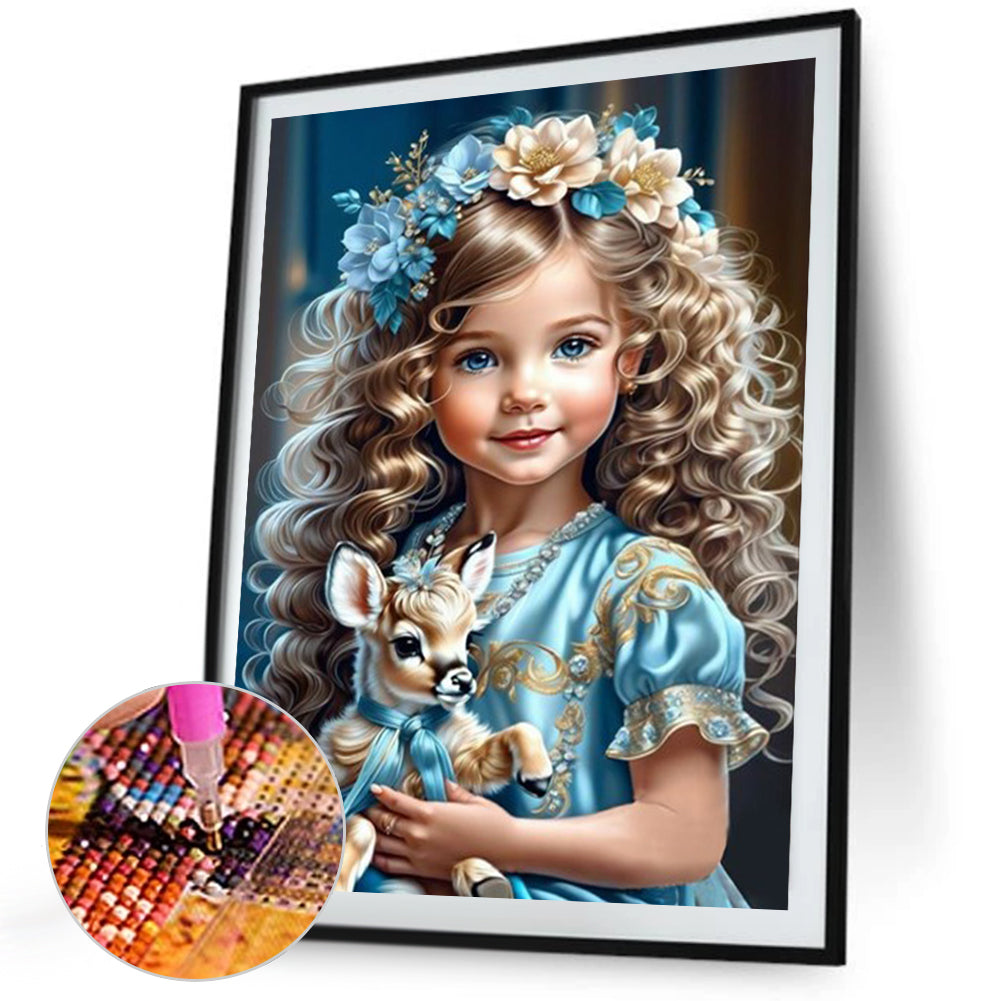Diamond Painting - Full Square - little girl holding a deer (40*50CM)