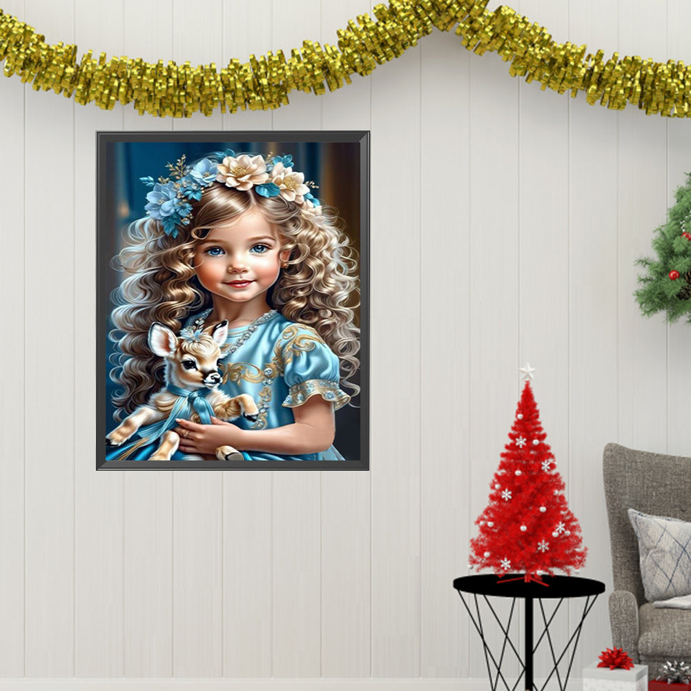 Diamond Painting - Full Square - little girl holding a deer (40*50CM)