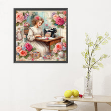 Load image into Gallery viewer, Diamond Painting - Full Round - woman using sewing machine (30*30CM)