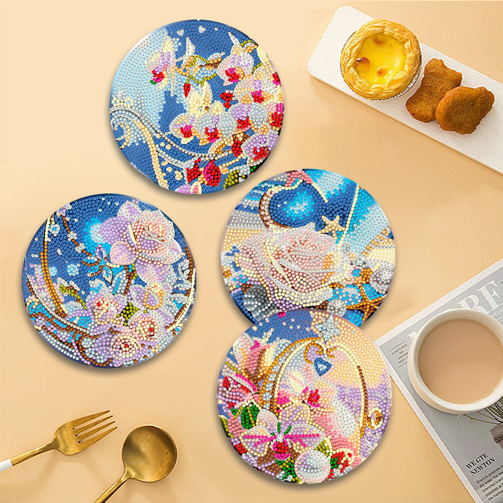 4 Pcs Seashell Rose House Diamond Art Place Mat with Holder for Dining Tables
