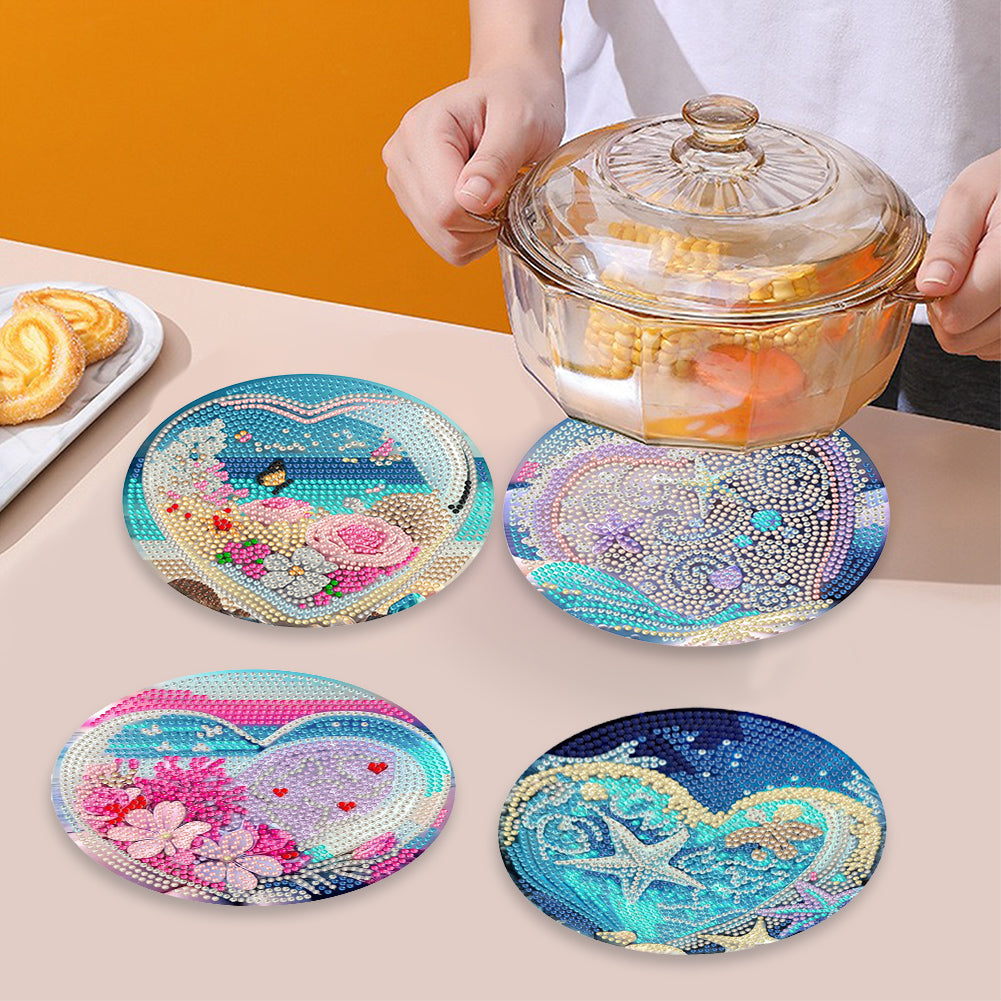 4 Pcs Seashell Rose House Diamond Art Place Mat with Holder for Dining Tables