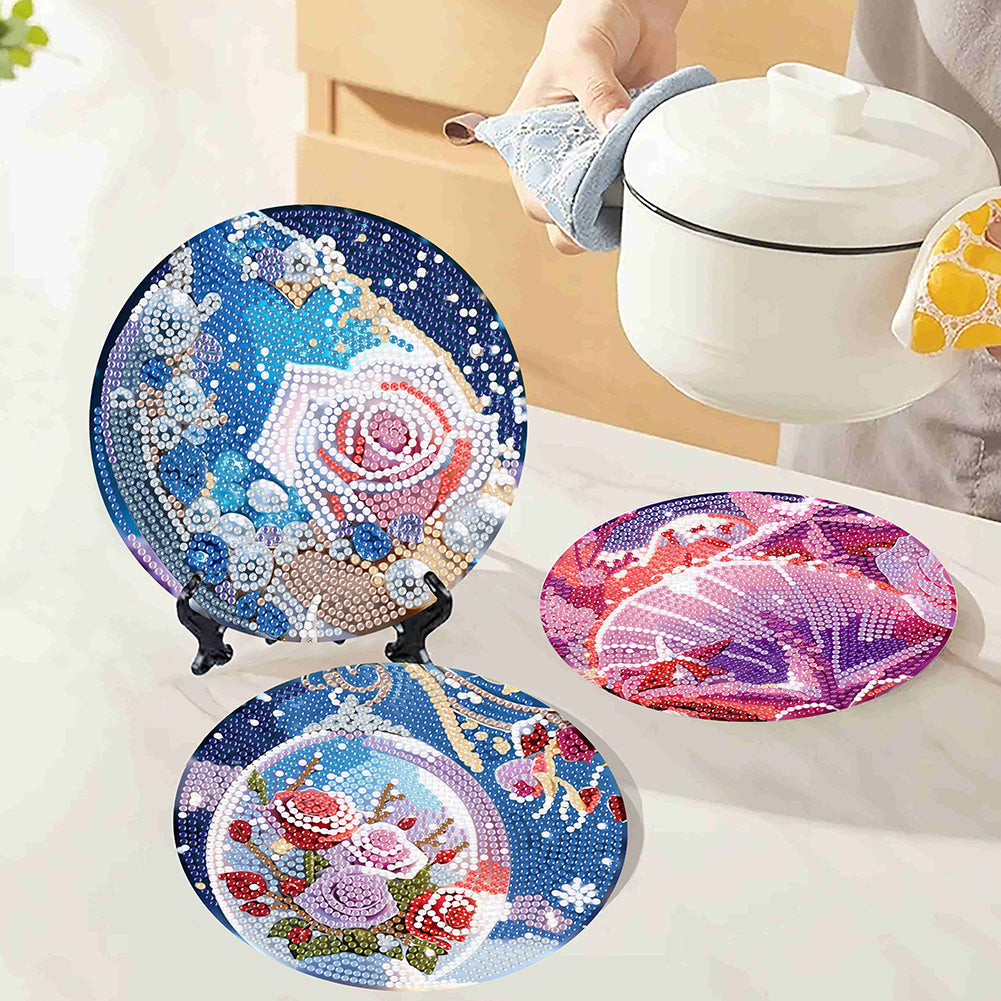 4 Pcs Seashell Rose House Diamond Art Place Mat with Holder for Dining Tables