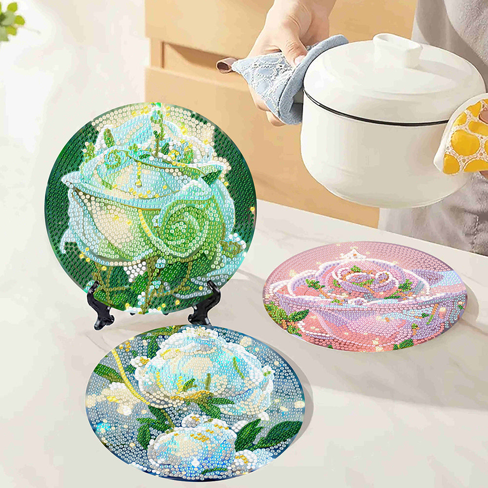 4 Pcs Seashell Rose House Diamond Art Place Mat with Holder for Dining Tables
