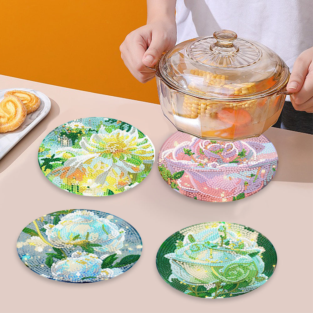 4 Pcs Seashell Rose House Diamond Art Place Mat with Holder for Dining Tables