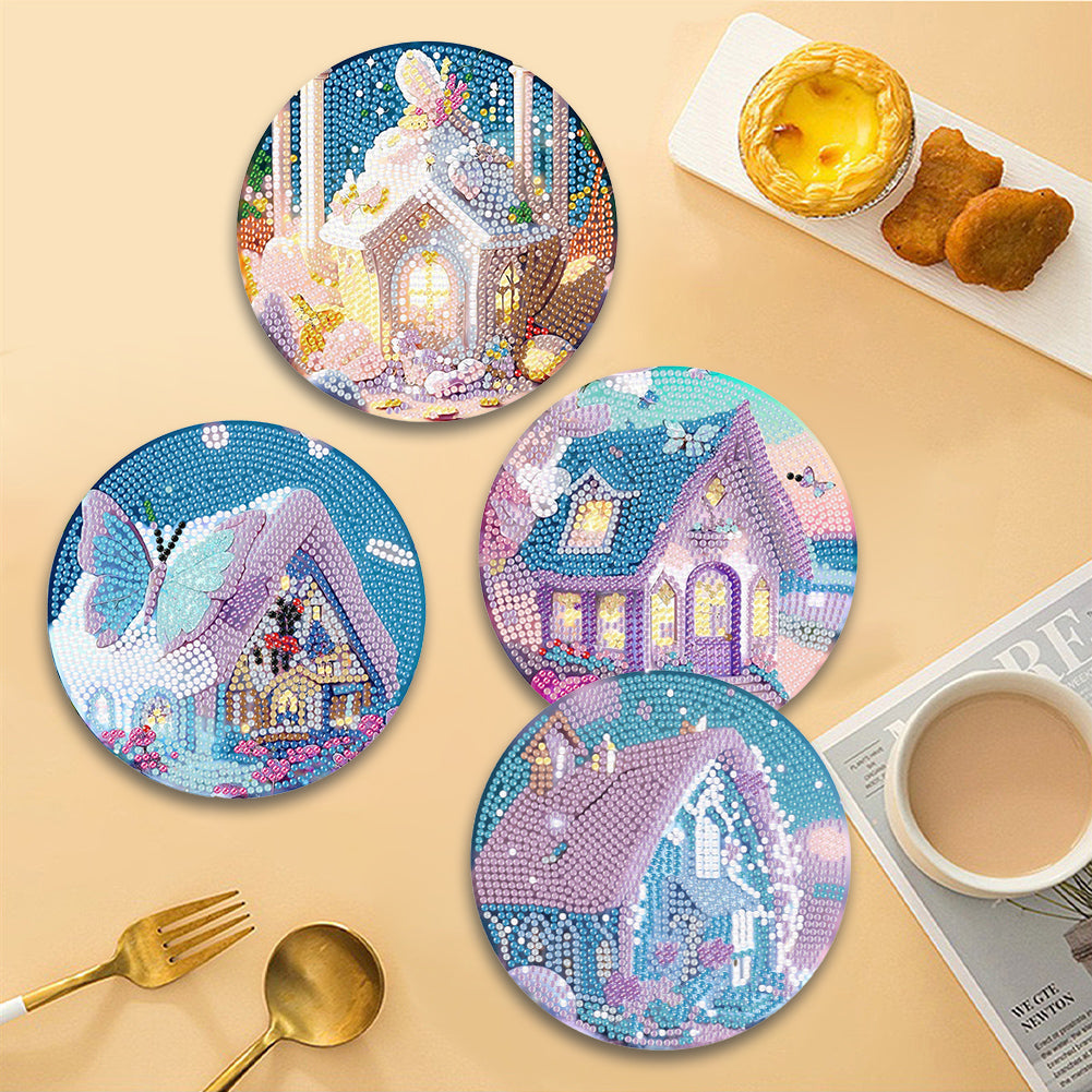 4 Pcs Seashell Rose House Diamond Art Place Mat with Holder for Dining Tables