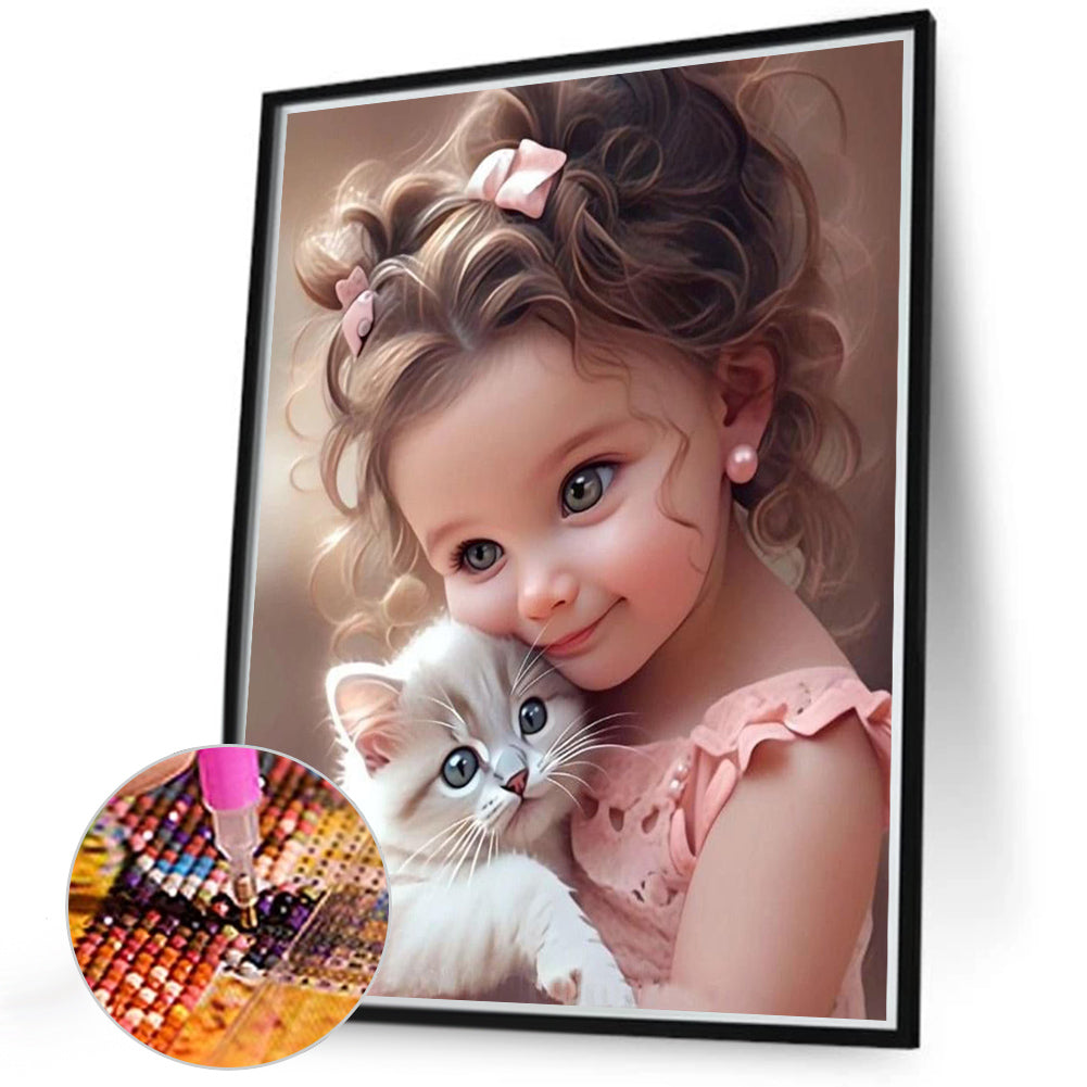 Diamond Painting - Full Round - little girl holding cat (40*50CM)