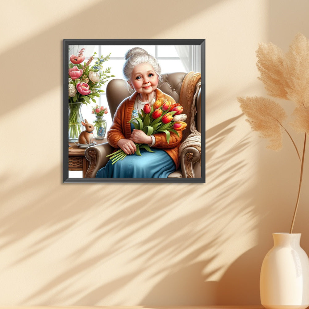 Diamond Painting - Full Round - old lady holding tulips (30*30CM)
