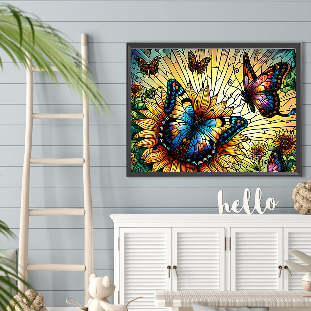 Diamond Painting - Full Round - Sunflower Butterfly Glass Art (40*30CM)