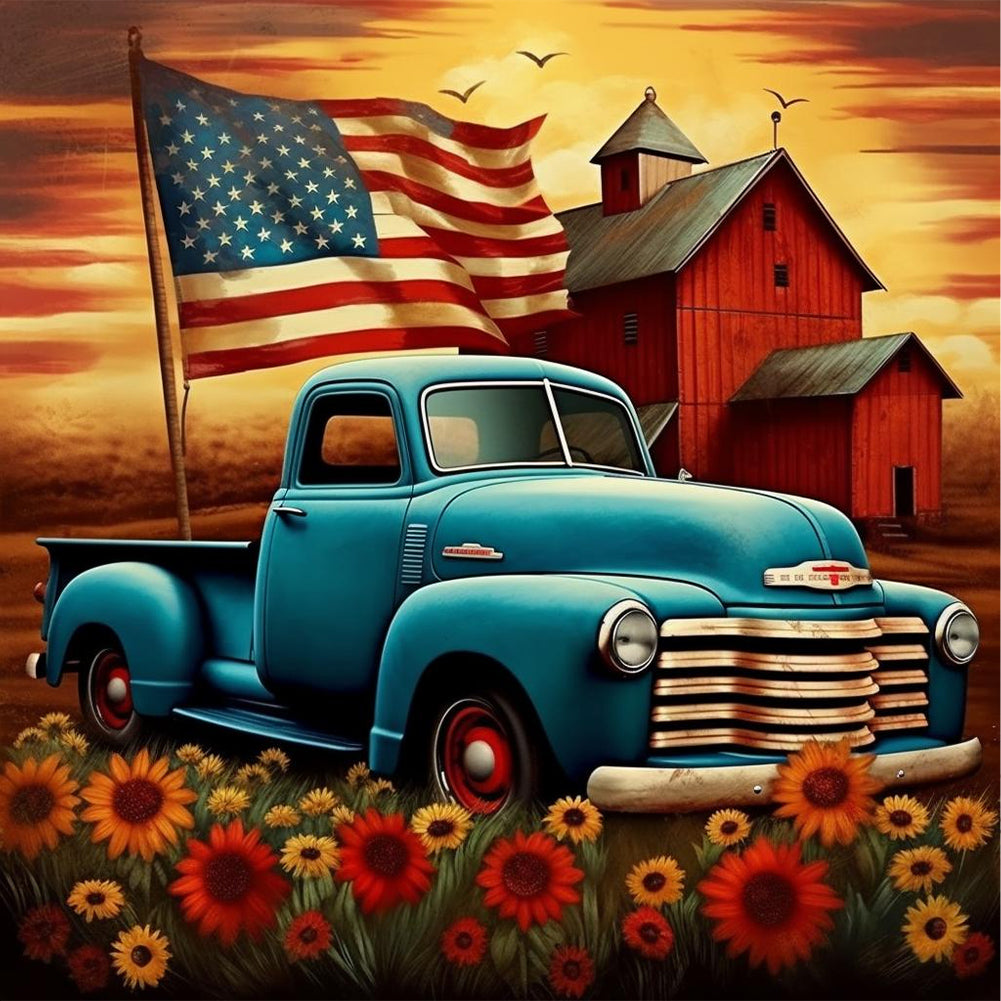 Diamond Painting - Full Round - American flag vintage car (30*30CM)