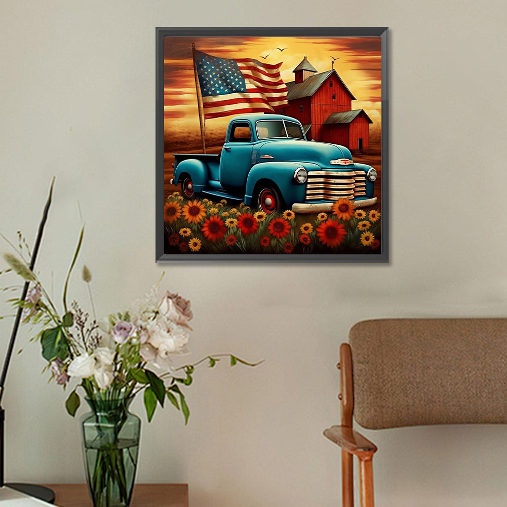 Diamond Painting - Full Round - American flag vintage car (30*30CM)