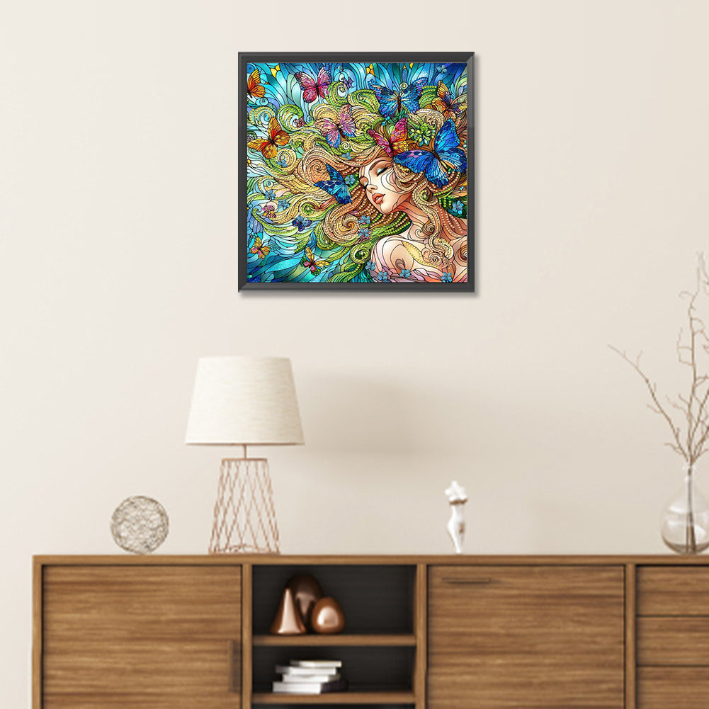 Diamond Painting - Partial Special Shaped - Sleeping girl with beautiful butterfly glass art (30*30CM)