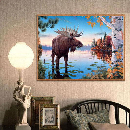 Lakeside Elk 40*30CM(Canvas) Full Round Drill Diamond Painting