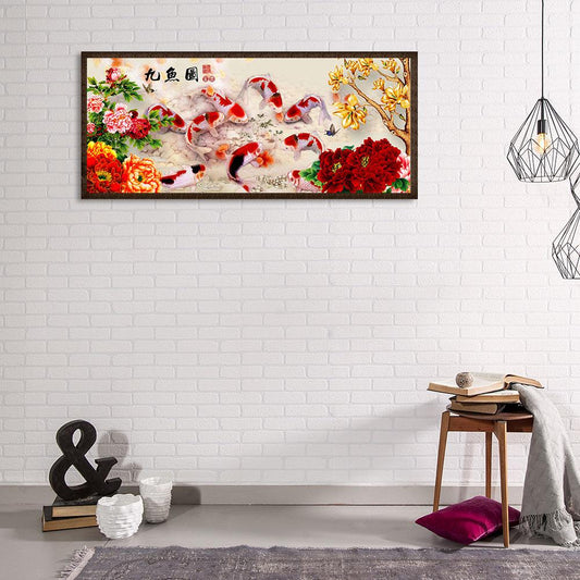 Peony 9 Fishes 80*35CM(Canvas) Full Round Drill Diamond Painting