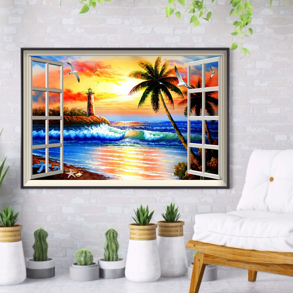 Sunset Window Beach 40*30cm (canvas) full round drill diamond painting