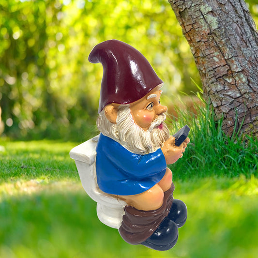 3D Dwarf Toilet Play Phone Statue Garden Gnome Resin Doll Figurines Crafts