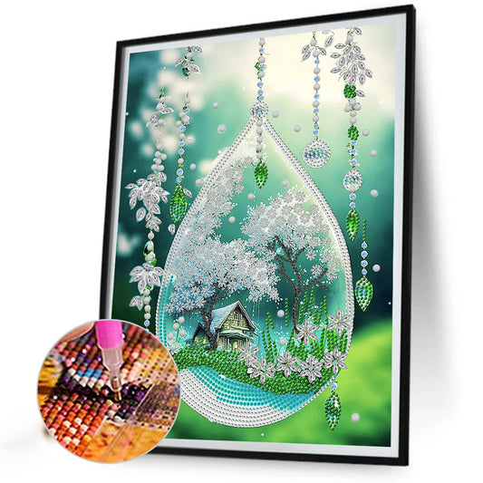 Diamond Painting - Partial Special Shaped - green leaf water drop microcosm (30*40CM)