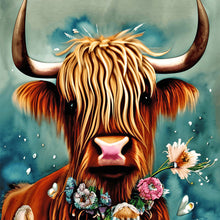 Load image into Gallery viewer, Diamond Painting - Full Round - Scottish highland cow shell cartoon with flowers (30*30CM)