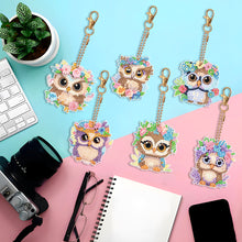 Load image into Gallery viewer, DIY Diamond Art Key Rings Double Sided 6pcs Owl Flower for Kids Adult Home Party