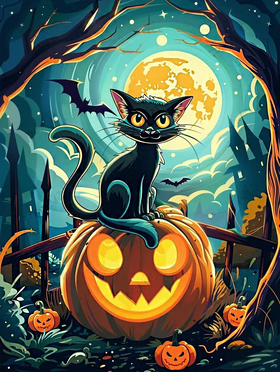 AB Diamond Painting - Full Round - Halloween Pumpkin Cat (40*50CM)