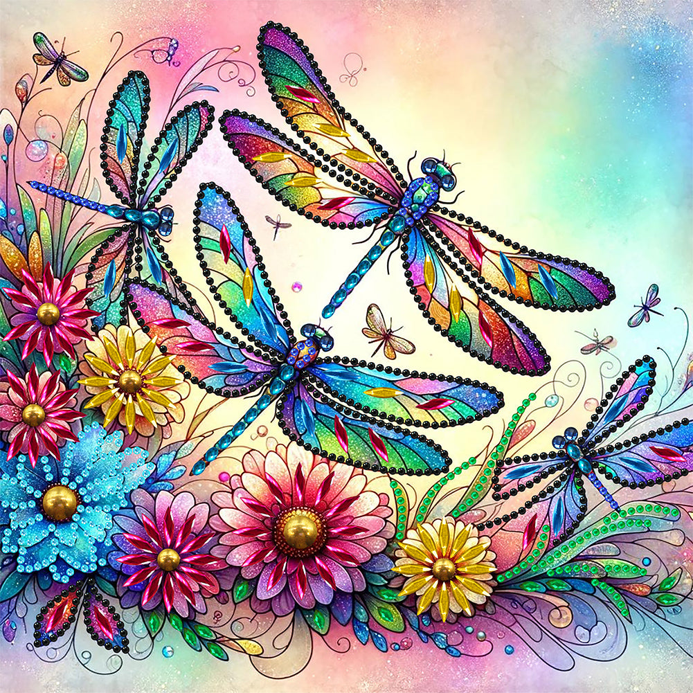 Diamond Painting - Partial Special Shaped - Flowers dragonfly (30*30CM)