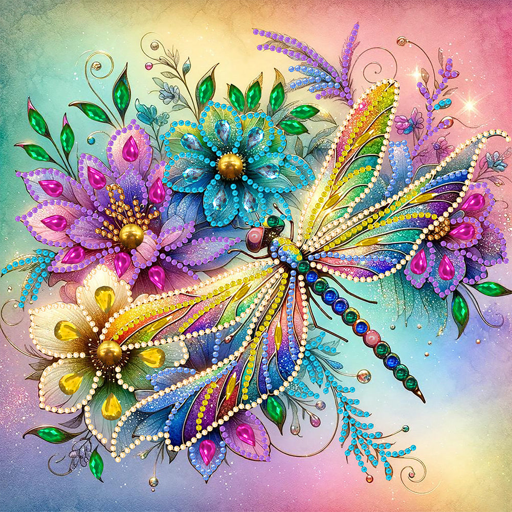Diamond Painting - Partial Special Shaped - Flowers dragonfly (30*30CM)