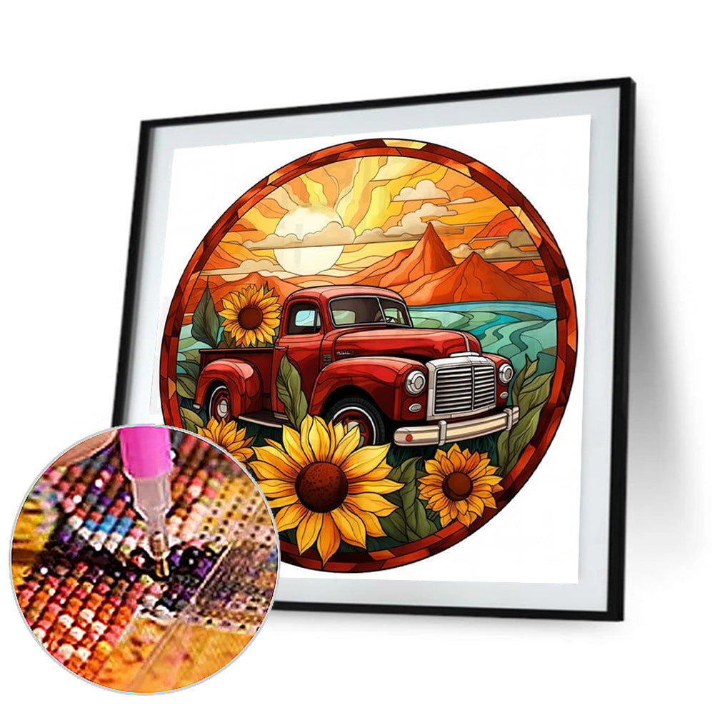 Diamond Painting - Full Round - Round brand sunflower classic car (30*30CM)