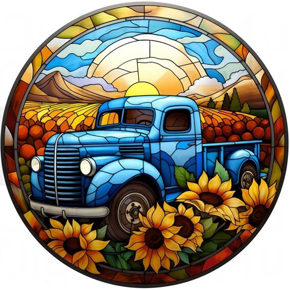 Diamond Painting - Full Round - Round brand sunflower classic car (30*30CM)